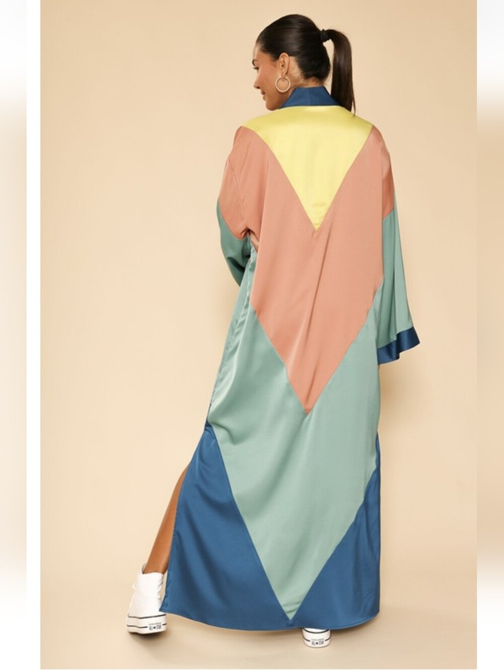 New Satin Color Block Chevron Boho  Kimono Duster